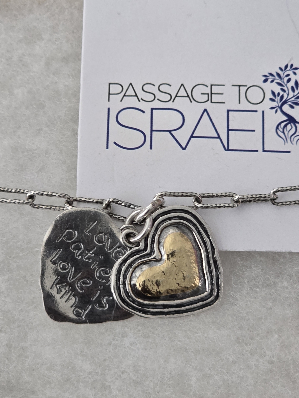 Passage to Israel 925 Sterling Silver Mixed Metal Double Heart Bracelet 8"